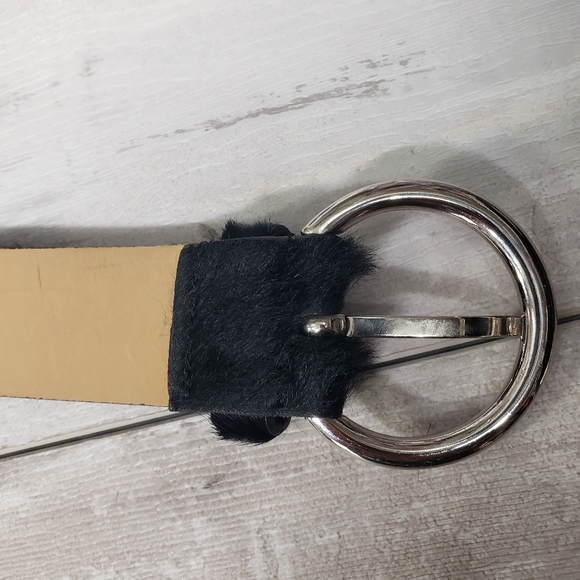 Berge Black Pony Hair Calf Hair Belt Silver Botanical Details Buckle Boho Edgy - Picture 5 of 15